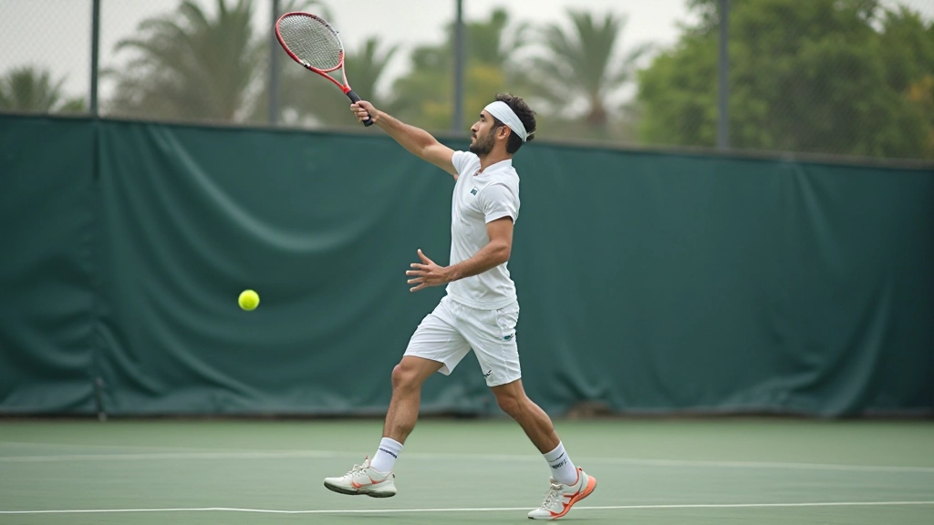 لاعب تنس يقوم بحركة الإرسال على ملعب التنس